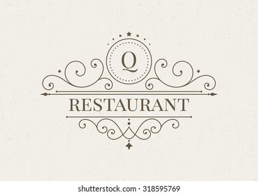 Luxury logo and monogram line art template. Elegant calligraphic ornament pattern. Retro style vector illustration for your restaurant, boutique, hotel, heraldic, jewelry, fashion, business signs.