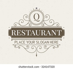 Luxury logo and monogram line art template. Elegant calligraphic ornament pattern. Retro style vector illustration for your restaurant, boutique, hotel, heraldic, jewelry, fashion, business signs.