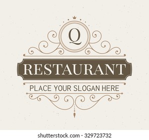 Luxury logo and monogram line art template. Elegant calligraphic ornament pattern. Retro style vector illustration for your restaurant, boutique, hotel, heraldic, jewelry, fashion, business signs.