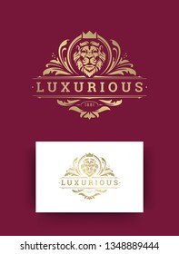 Luxury logo monogram template design vector illustration. Royal monogram crest brand vintage vignette ornaments. Lion head silhouettes.