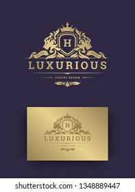 Luxury logo monogram template design vector illustration. Royal monogram crest brand vintage vignette ornaments. Lions silhouettes.