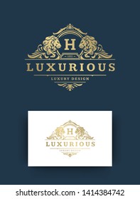 Luxury logo monogram template design vector illustration. Royal monogram crest brand vintage floral vignette ornaments. Lions heads silhouettes.