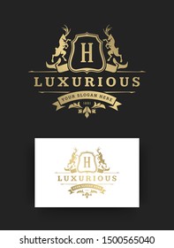 Luxury logo monogram template design vector illustration. Royal monogram crest brand vintage vignette ornaments. Deers silhouettes.