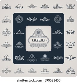 Luxury logo monogram. Vintage royal flourishes elements. Luxury ornament element. Calligraphic symbol. Letter L, B, V, G, A, S, K, X. Design luxury logo frame set. Vector pattern flourishes emblem set