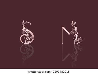 Logo de lujo. Ilustración vectorial original. Diseño floral y logotipo de letra SM.logotipo de letra MS.
