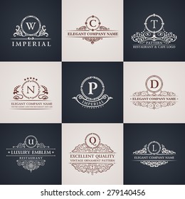 Luxury logo set. Calligraphic pattern elegant decor elements. Vintage vector ornament Signs and Symbols. The Letters W, C, T, N, P, D, U, Q, L