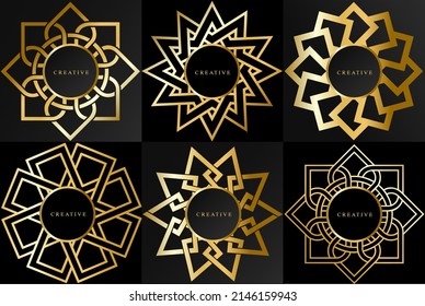 Logotipo de lujo. Formas geométricas, simétricas, negras y doradas. Patrón elegante, espacio para el logo en marco dorado. Imagen vectorial.