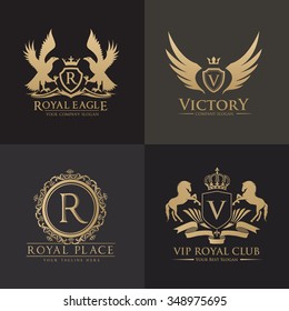 Luxury Logo set with Heraldic crests and Flourishes Calligraphic Monogram design for hotel and Fashion brand identity