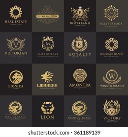 Luxury Logo set with Heraldic crests and Flourishes Calligraphic Monogram design for hotel,Spa,Restaurant,VIP,Fashion and Premium brand identity.