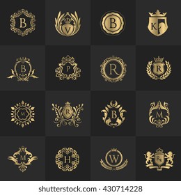 Luxury Logo set with Heraldic crests and Flourishes Calligraphic Monogram design for hotel,Spa,Restaurant,VIP,Fashion and Premium brand identity.