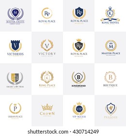 Luxury Logo set with Heraldic crests and Flourishes Calligraphic Monogram design for hotel,Spa,Restaurant,VIP,Fashion and Premium brand identity.