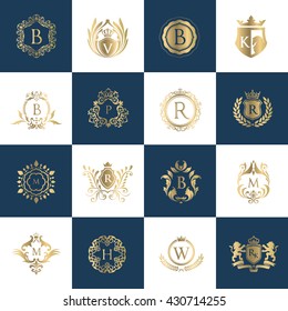 Luxury Logo set with Heraldic crests and Flourishes Calligraphic Monogram design for hotel,Spa,Restaurant,VIP,Fashion and Premium brand identity.