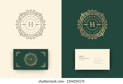 Luxury logo template design vector illustration with business card. Royal monogram crest brand vintage vignette ornaments.
