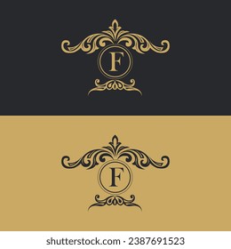 Luxury logo template,  Luxury F monogram logo template vector object for logotype or badge design. Trendy vintage royal ornament frame illustration, good for fashion boutiques, alcohol, or hotel brand