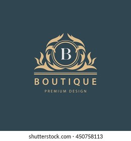 Luxury Logo Template Flourishes Calligraphic Elegant Ornament Emblem. Letter B. Business Sign, Identity For Restaurant, Royalty, Boutique, Hotel, Heraldic, Jewelry, Fashion, Cafe. Vector Illustration