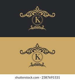 Luxury logo template,  Luxury K monogram logo template vector object for logotype or badge design. Trendy vintage royal ornament frame illustration, good for fashion boutiques, alcohol, or hotel brand