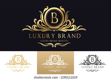 Luxury Logo Template  With Luxurious Golden Monogram Crest  And Baroque Style Design For Wedding Invitation, Hotel, Boutique Brand Identity. Vector Illustration.