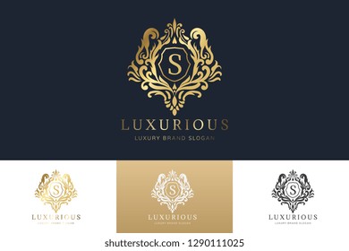 Luxury Logo Template  with Luxurious Golden monogram crest  and baroque style design for wedding invitation, Hotel, Boutique brand identity. Vector Illustration.