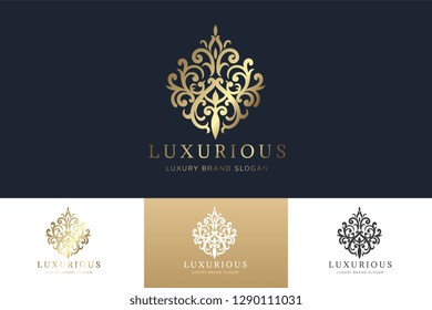 Luxury Logo Template  with Luxurious Golden monogram crest  and baroque style design for wedding invitation, Hotel, Boutique brand identity. Vector Illustration.