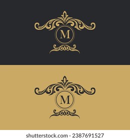Luxury logo template, Luxury M monogram logo template vector object for logotype or badge design. Trendy vintage royal ornament frame illustration, good for fashion boutiques, alcohol, or hotel brands