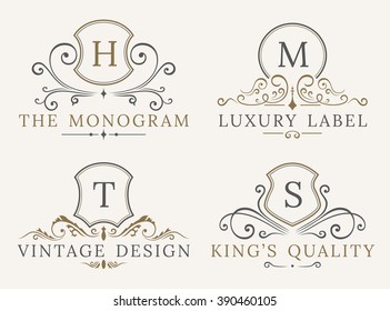 Luxury Logo Template. Shield Business Sign for Signboard. Monogram Identity for Restaurant, Hotels, Boutique, Cafe, Shop, Jewelry, Fashion. Flourishes Vector Calligraphic Ornament Elements