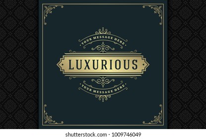 Luxury logo template vector golden vintage flourishes ornament. Good for royal crest, boutique brand, wedding shop, hotel sign. Frame and pattern background.
