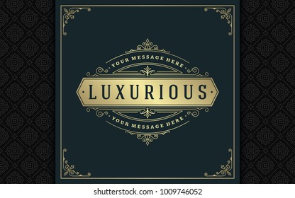Luxury logo template vector golden vintage flourishes ornament. Good for royal crest, boutique brand, wedding shop, hotel sign. Frame and pattern background.
