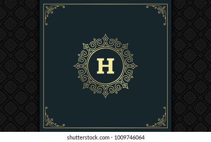 Luxury logo template vector golden vintage flourishes ornament. Good for royal crest, boutique brand, wedding shop, hotel sign. Frame and pattern background.
