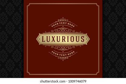 Luxury logo template vector golden vintage flourishes ornament. Good for royal crest, boutique brand, wedding shop, hotel sign. Frame and pattern background.