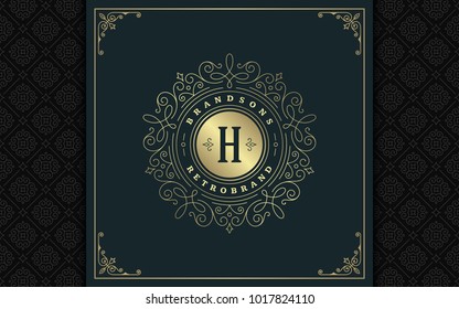 Luxury logo template vector golden vintage flourishes ornament. Good for royal crest, boutique brand, wedding shop, hotel sign. Frame and pattern background.
