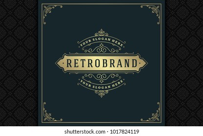 Luxury logo template vector golden vintage flourishes ornament. Good for royal crest, boutique brand, wedding shop, hotel sign. Frame and pattern background.
