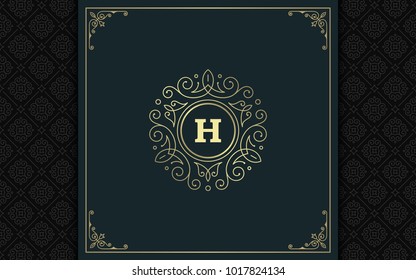 Luxury logo template vector golden vintage flourishes ornament. Good for royal crest, boutique brand, wedding shop, hotel sign. Frame and pattern background.
