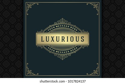Luxury logo template vector golden vintage flourishes ornament. Good for royal crest, boutique brand, wedding shop, hotel sign. Frame and pattern background.
