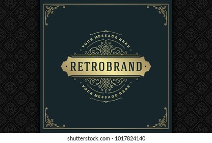 Luxury logo template vector golden vintage flourishes ornament. Good for royal crest, boutique brand, wedding shop, hotel sign. Frame and pattern background.
