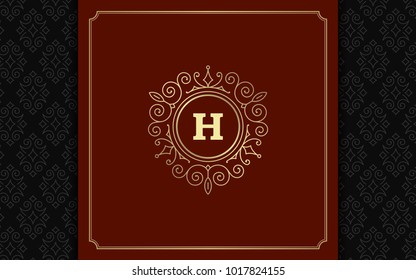 Luxury logo template vector golden vintage flourishes ornament. Good for royal crest, boutique brand, wedding shop, hotel sign. Frame and pattern background.
