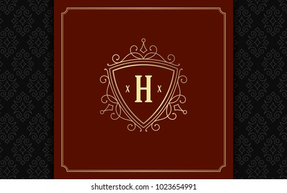 Luxury logo template vector golden vintage flourishes ornament. Good for royal crest, boutique brand, wedding shop, hotel sign. Frame and pattern background.