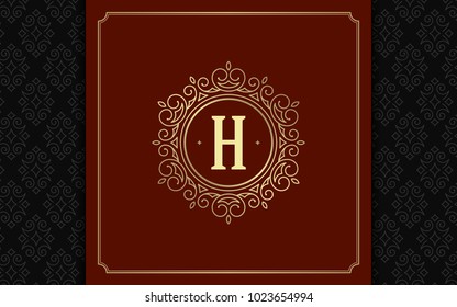 Luxury logo template vector golden vintage flourishes ornament. Good for royal crest, boutique brand, wedding shop, hotel sign. Frame and pattern background.