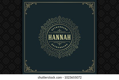 Luxury logo template vector golden vintage flourishes ornament. Good for royal crest, boutique brand, wedding shop, hotel sign. Frame and pattern background.