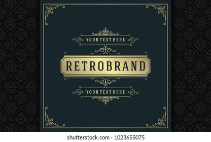 Luxury logo template vector golden vintage flourishes ornament. Good for royal crest, boutique brand, wedding shop, hotel sign. Frame and pattern background.