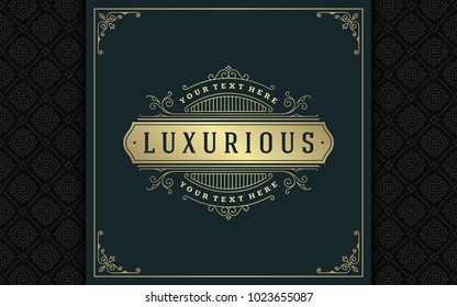 Luxury logo template vector golden vintage flourishes ornament. Good for royal crest, boutique brand, wedding shop, hotel sign. Frame and pattern background.