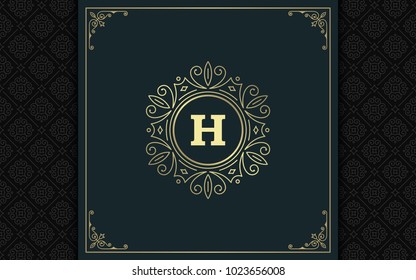 Luxury logo template vector golden vintage flourishes ornament. Good for royal crest, boutique brand, wedding shop, hotel sign. Frame and pattern background.