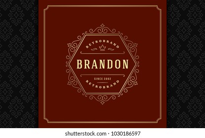Luxury logo template vector golden vintage flourishes ornament. Good for royal crest, boutique brand, wedding shop, hotel sign. Frame and pattern background.