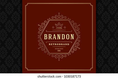 Luxury logo template vector golden vintage flourishes ornament. Good for royal crest, boutique brand, wedding shop, hotel sign. Frame and pattern background.