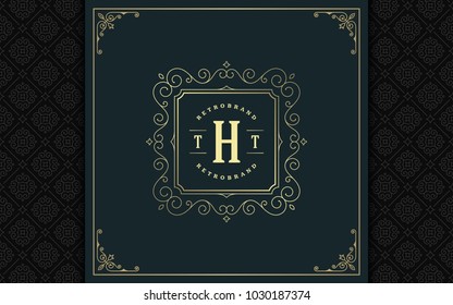 Luxury logo template vector golden vintage flourishes ornament. Good for royal crest, boutique brand, wedding shop, hotel sign. Frame and pattern background.