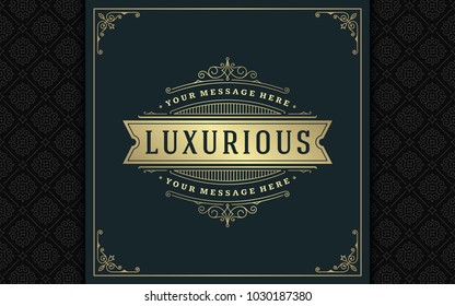 Luxury logo template vector golden vintage flourishes ornament. Good for royal crest, boutique brand, wedding shop, hotel sign. Frame and pattern background.