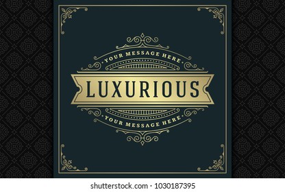 Luxury logo template vector golden vintage flourishes ornament. Good for royal crest, boutique brand, wedding shop, hotel sign. Frame and pattern background.