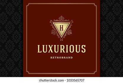 Luxury logo template vector golden vintage flourishes ornament. Good for royal crest, boutique brand, wedding shop, hotel sign. Frame and pattern background.