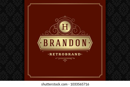 Luxury logo template vector golden vintage flourishes ornament. Good for royal crest, boutique brand, wedding shop, hotel sign. Frame and pattern background.