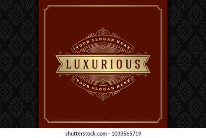Luxury logo template vector golden vintage flourishes ornament. Good for royal crest, boutique brand, wedding shop, hotel sign. Frame and pattern background.