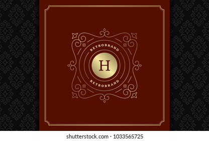 Luxury logo template vector golden vintage flourishes ornament. Good for royal crest, boutique brand, wedding shop, hotel sign. Frame and pattern background.